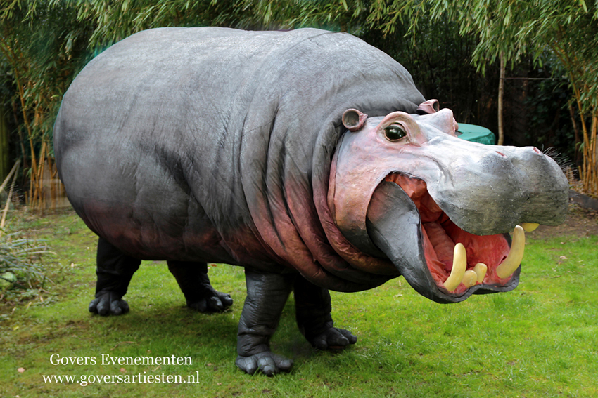 Nijlpaard Nellie Straattheater, dierentuin, theater met dieren, artiesten boeken, theater voor kinderen, steltenact, dierenvriendelijk, hippo, nijlpaard, themafeest, festival, thema act, Govers Evenementen