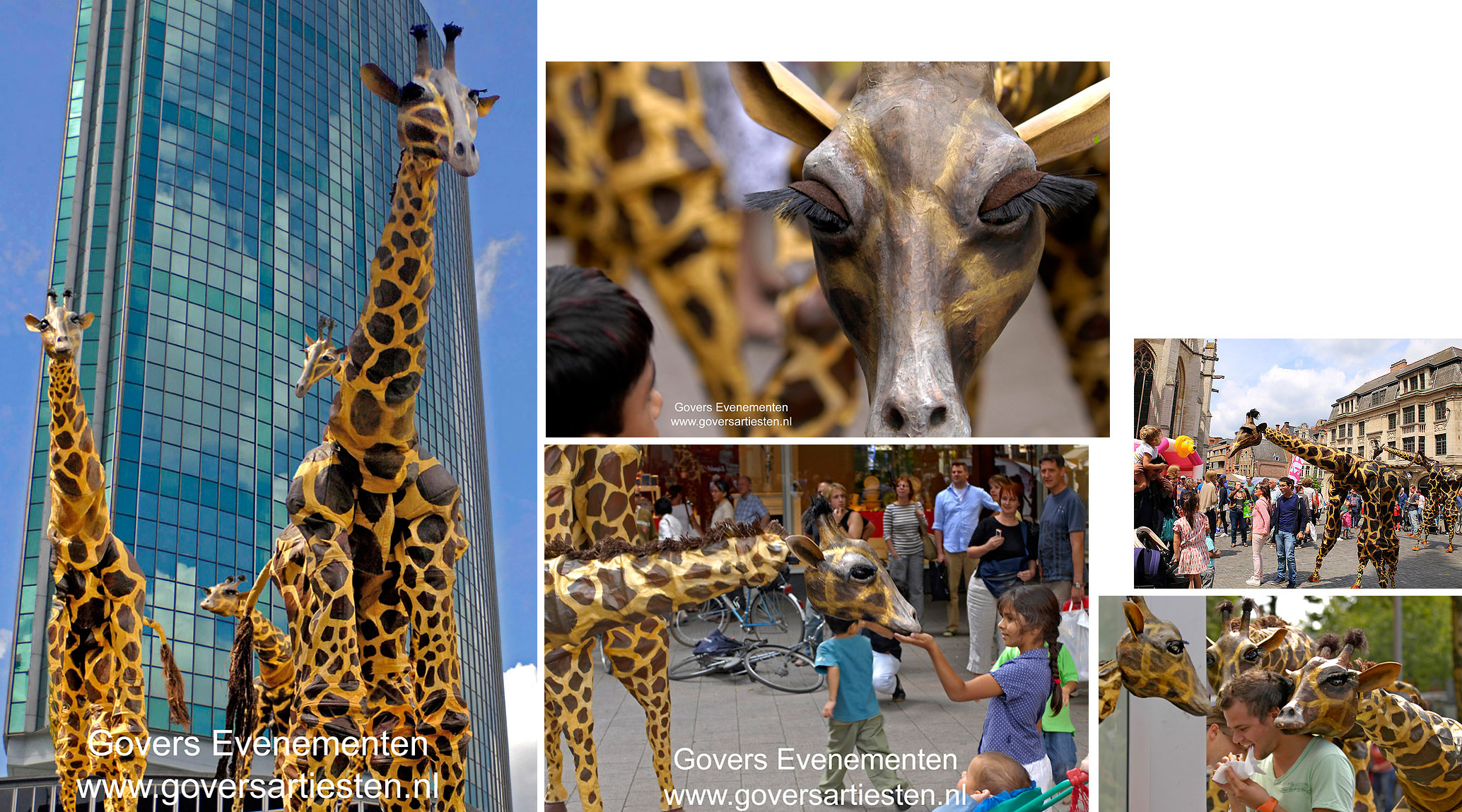 Giraffen, straattheater, steltenact, steltentheater, dierentuin, dieren op stelten, artiesten boeken, theater voor kinderen, Govers Evenementen, www.goversartiesten.nl