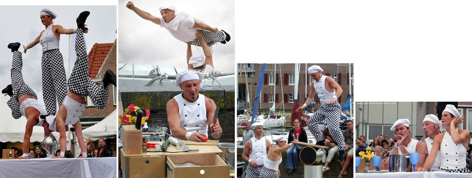 jongleur acrobatiek, Culinaire acrobatiek om een feestavond of een culinair evenement op te vrolijken Straattheater : De acrobaten koks maken komische capriolen en straatvoorstellingen voor festival en evenement, Govers Evenementen, www.goversartiesten.nl