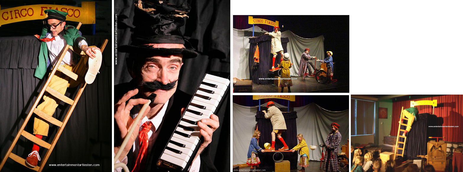 Kinderprogramma met een levendig clownspektakel met komisch illusionisme, hilarische evenwichtstoeren, straattheater, artiesten boeken, kindertheater, Govers Evenementen, www.goversartiesten.nl