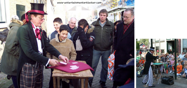 Straattheater : De straatgoochelaar doet vele trucs en goochelacts tijdens zijn straattheater voorstelling, Govers Evenementen, www.goversartiesten.nl