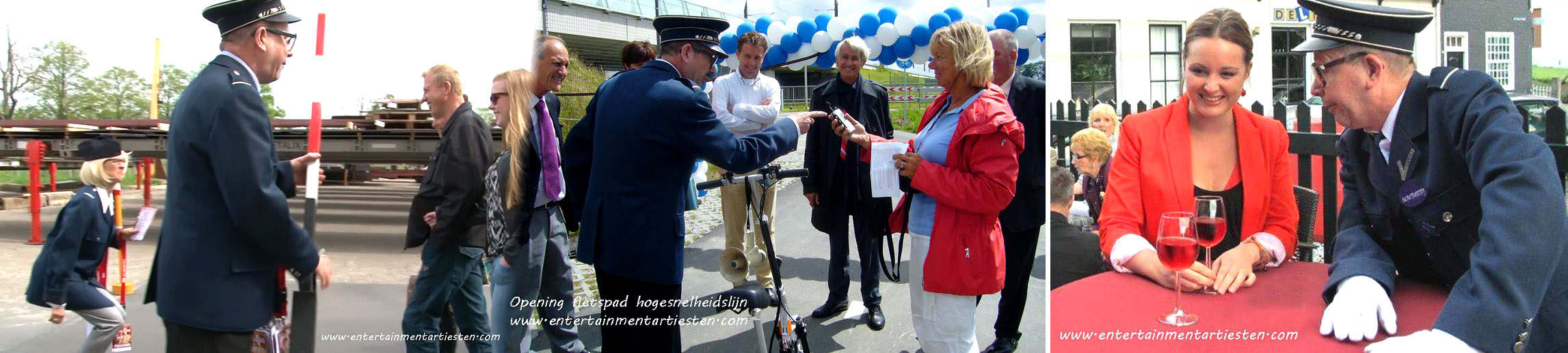 Vrolijk ontvangst act van DE REGELNEEF tijdens een nieuw fietspad onder de hogesnelheidslijn, acteurs huren, artiesten boeken, entertainment, openingsact, themafeest, opening, Govers Evenementen, www.goversartiesten.nl