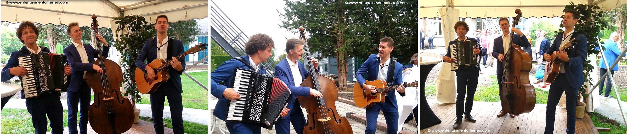 Muzikanten, de sfeermuziek van dit muziektrio maakt dit huwelijksfeest Entertainment tot een groot succes, speelt gezellige sfeer muziek , bekende hits, classic, Rock, Musette, Sfeer, Nederlands en Engelstalig, Govers Evenementen, www.goversartiesten.nl