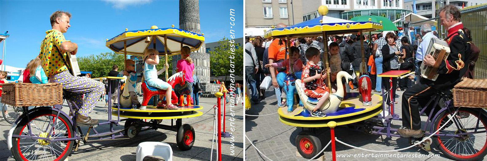 Kinderprogramma Jeugdshow. Muzikant met mini kinderdraaimolentje op bakfiets, kindertheater, straattheater, muziek voor kinderen, draaimolen, kinderfeestje organiseren, Govers Evenementen, www.goversartiesten.nl