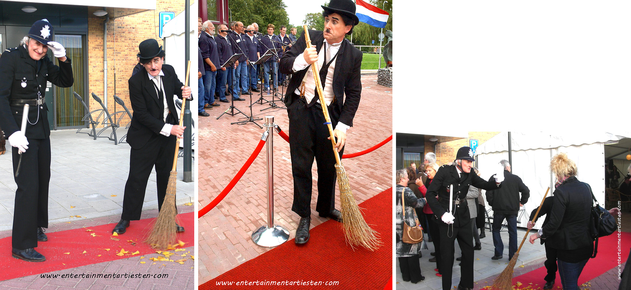 Straattheater, Charlie Chaplin Look-a-like mimespeler en Engelse Bobby ontvangen uw genodigden bij de entree, themafeest, ontvangstact, acteurs huren, thema entertainment, artiestenbureau, Govers Evenementen, www.goversartiesten.nl