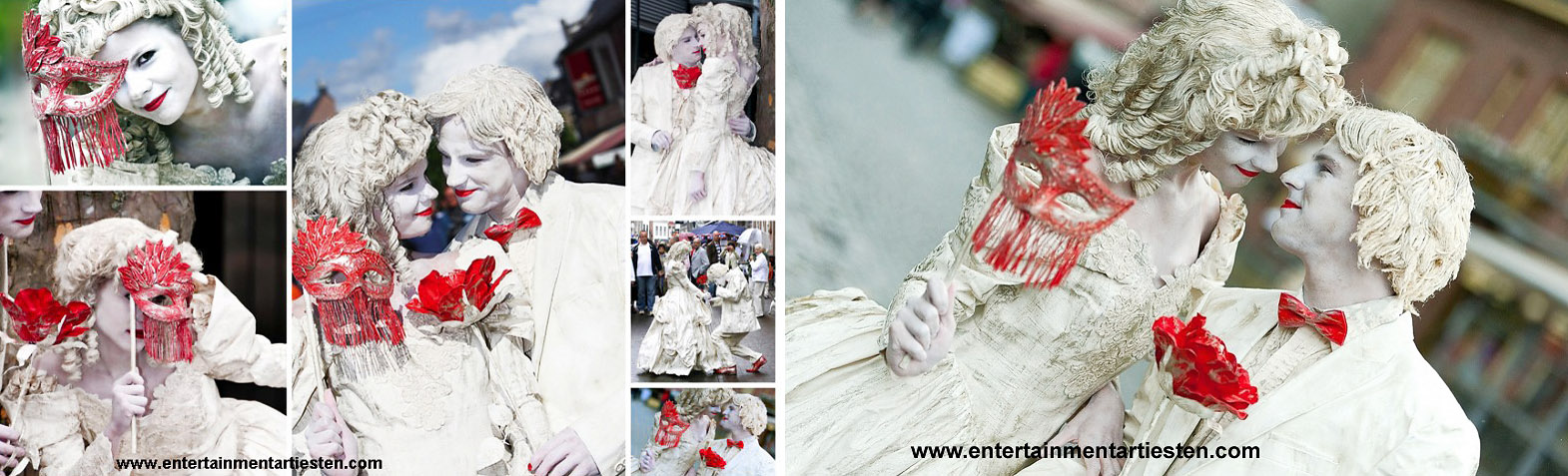 Valentijnsdag of Huwelijk Verliefde stel, levende beelden, straattheater, www.goversartiesten.nl Valentijnsdag of Huwelijk Verliefde stel, Zij veroveren elkaars hart ! En dat niet alleen veroveren ...ook het hart van hun publiek! De twee mooie beelden spelen met hun prachtige accessoires een mooi liefdes toneel op, straattheater, levende beelden, living statues, artiesten boeken, www.goversartiesten.nl