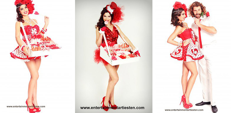 Culinaire act, catering act, www.goversartiesten.nl Valentijnsdag De betoverende Miss Valentine is een unieke liefdevolle verschijning die uw gasten bedient met snoepgoed en lekkernijen, culinaire act, catering act, www.goversartiesten.nl