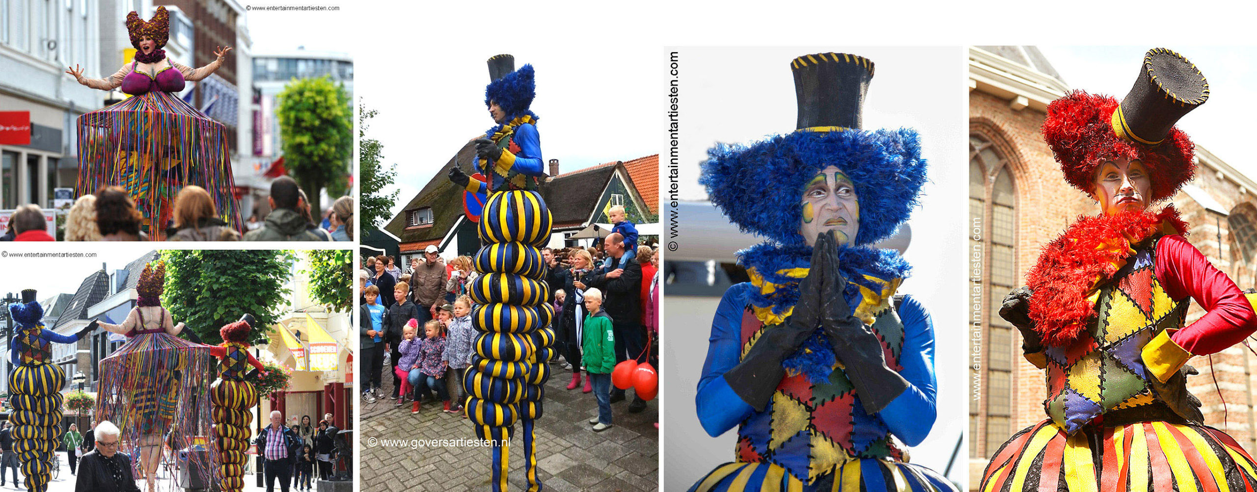 Steltentheater zorgt voor absurdistisch straattheater in kleurrijke circus kostuums, straattheater, steltenact, steltenacts. steltentheater, steltenlopers, kleurrijk entertainment, artiesten boeken, Govers Evenementen, www.goversartiesten.nl