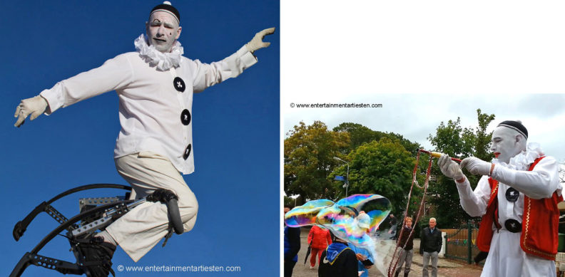 Steltenloper Clown Pierrot, een veelzijdige acrobaat-jongleur-entertainer , straattheater, steltenact, steltenloper, steltentheater, Govers Evenementen, www.goversartiesten.nl