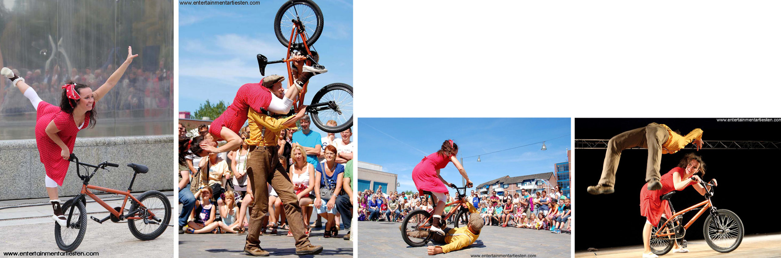 Komische slapstick acrobatiek van twee geliefden met een BMX-fiets - straattheater, artiesten boeken, jongleurs, fietstheater, Govers Evenementen, www.goversartiesten.nl