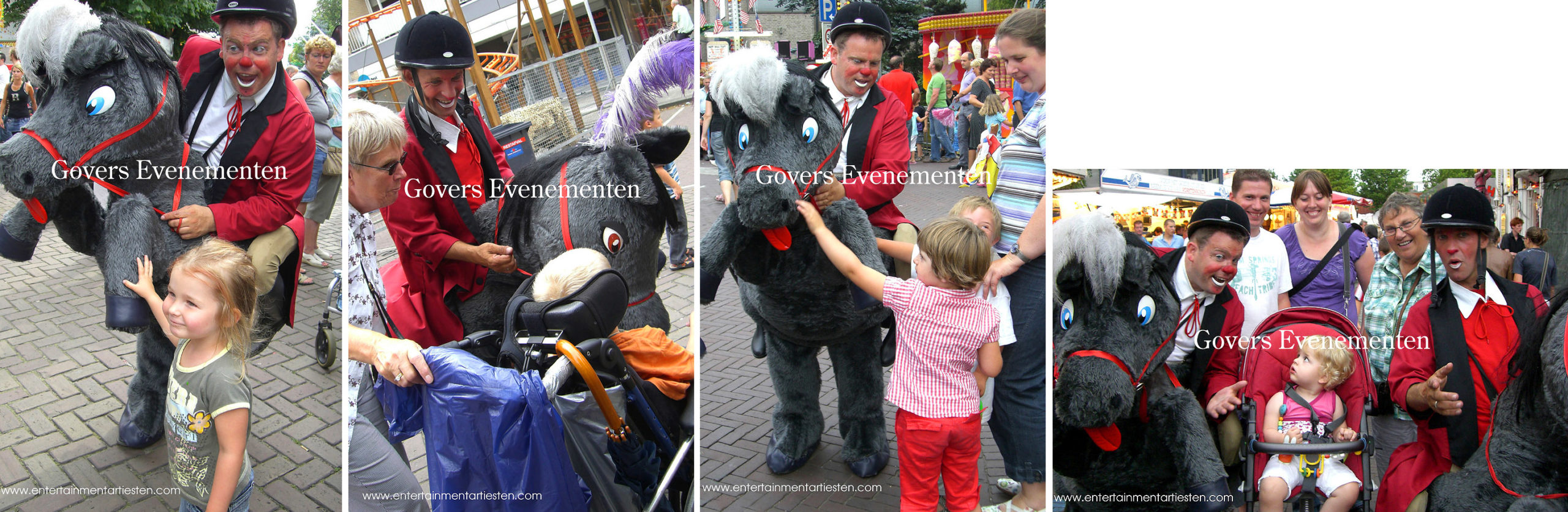 Clown, Straattheater, dit ondeugende circuspaardje zet de hele boel op stelten, theater voor kinderen, kindertheater, artiest, paard, paardjes, artiesten boeken, Govers Evenementen, www.goversartiesten.nl