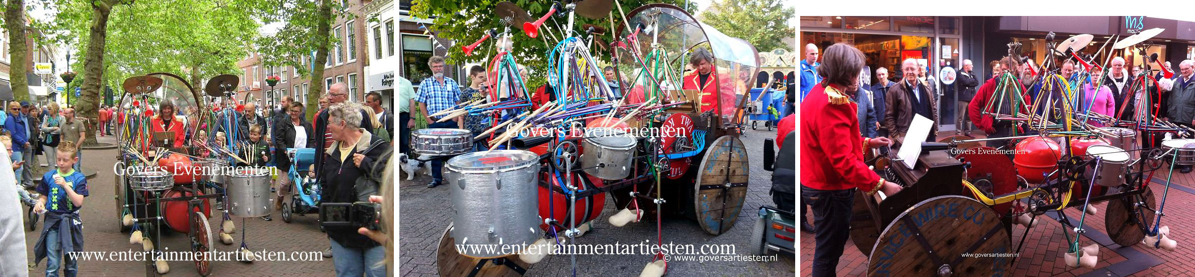 Straatact, muziek, bandje, straatmuziek, Straattheater, Het rollende object Uit het land waar roest nooit rust en afval niet bestaat komt klompengeklos, een drumband met houten klompen als loopmachine, straattheater, Govers Evenementen, www.goversartiesten.nl