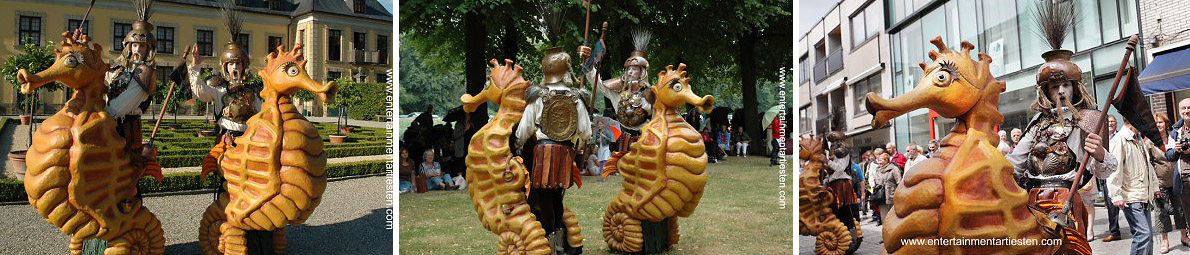 Straattheater - straatartiesten, In defilé dobberen deze kornuiten als gladiatoren te zeepaard met oerkreten de straten in !, www.goversartiesten.nl