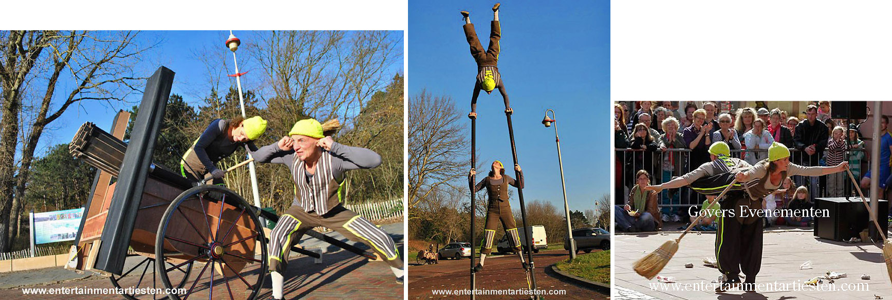 Bezemschoon, acrobatiek, straattheater, Govers Evenementen, www.goversartiesten.nl Bezemschoon, acrobatiek, duurzaam, milieu, acrobatisch veegspektakel. Straattheater - straatartiesten. Terwijl zij hun werk doen, verliezen zij zich in hun fantasie met hun bezemkar, Govers Evenementen, www.goversartiesten.nl