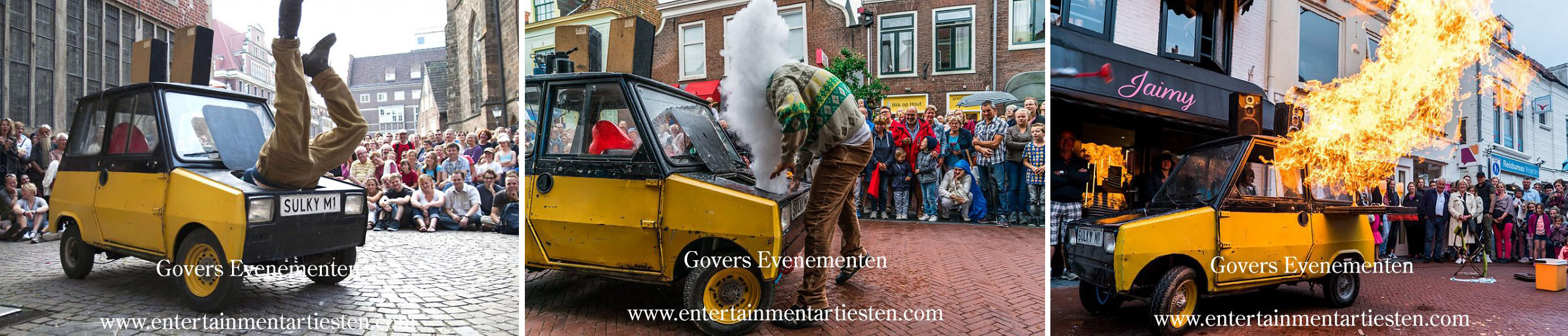 Herby? Een eigenzinnige man duikt onverwacht op in het straatbeeld met zijn Sulky. De man trekt veel bekijks met zijn kleine autootje. Straattheater, straatartiesten, vuurspektakel, vuurshow, straatact, acteurs, autoshow met vuur en humor, straattheater, Govers Evenementen, www.goversartiesten.nl