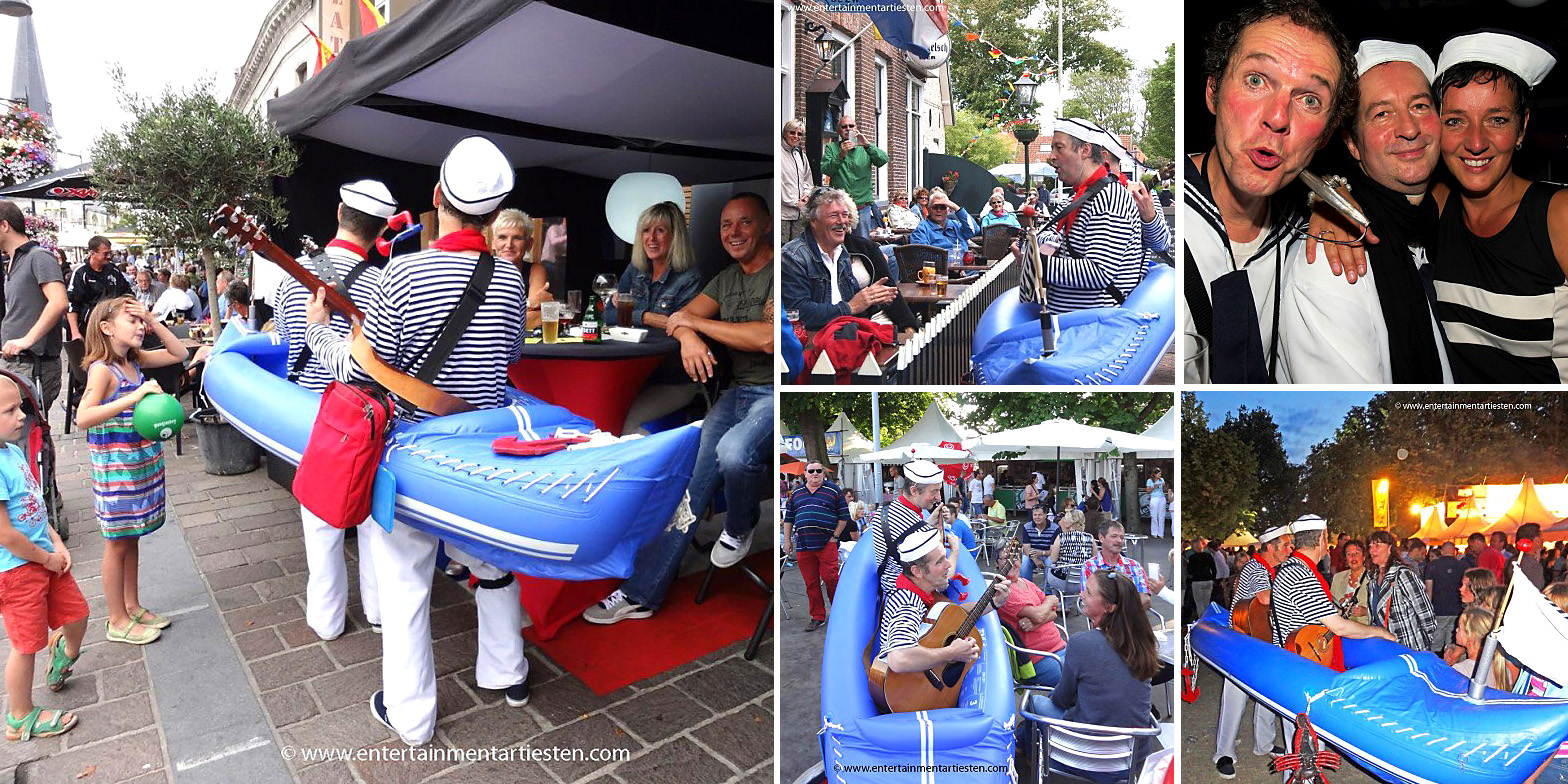 Deze muziek matrozen spelen stoere en romantische zeemanliedjes op de markt , braderie of straatfestival, muzikanten huren, straatmuziek, looporkest inhuren, Govers Evenementen, www.goversartiesten.nl