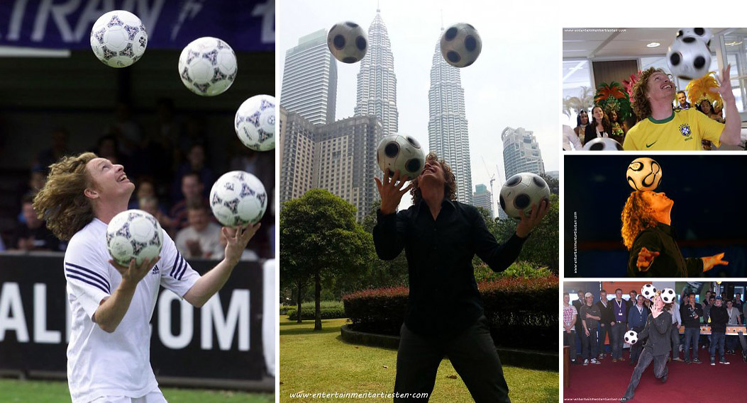 Voetbal jongleur acrobatiek, Voetbalentertainment voor feestelijke bijeenkomsten of winkelcentrum promotie, jongleren, voetbalshow, jongleur inhuren, Govers Evenementen, www.goversartiesten.nl