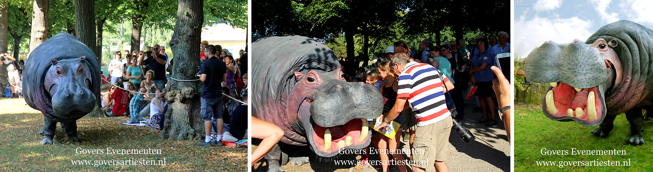 Straattheater, dierentuin, theater met dieren, artiesten boeken, theater voor kinderen, steltenact, dierenvriendelijk, hippo, nijlpaard, themafeest, festival, thema act, Govers Evenementen, www.goversartiesten.nl