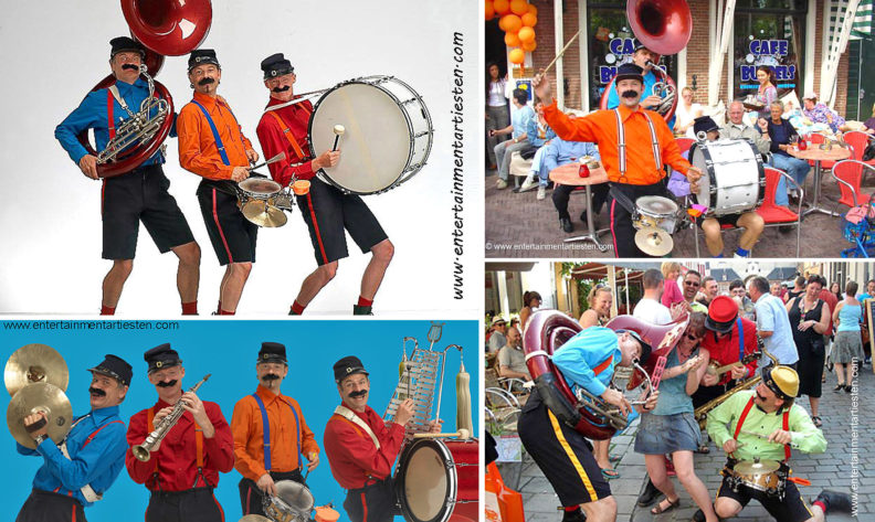 Looporkest, straatmuzikanten maken er een muzikaal feestje van met komisch interactie, fanfare, artiesten boeken, muzikanten huren, Govers Evenementen, www.goversartiesten.nl