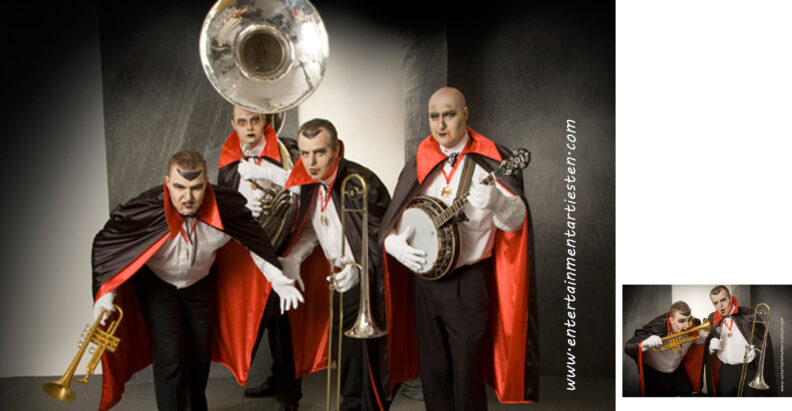 Het Vampier looporkest , Halloween muzikanten spelen Halloween muziek op straat, straattheater, themafeest, Govers Evenementen, www.goversartiesten.nl