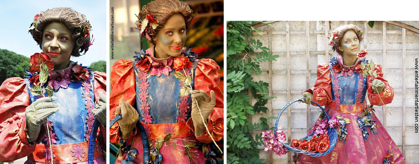 Bloemenpracht, levende beelden, straattheater, Govers Evenementen, www.goversartiesten.nl Bloemenpracht is een prachtige dame, kleurrijk en vol met bloemen, Bedrijfsfeest-Personeelsfeest, Charmante ontvangst - of welkomsact, Hollands entertainment, straattheater, ontvangst acts, beurs & promotie acts, artiesten boeken, artiestenbureau, evenementenbureau, thema feest, Govers Evenementen, Levende beelden, living statue, levend beeld, levende standbeelden, levend standbeeld, straattheater, Govers Evenementen, www.goversartiesten.nl