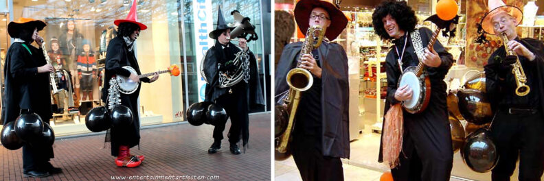 Trio Griezel, Halloween muzikanten spelen als looporkest op straat of in winkelcentrum, muziektrio, Govers Evenementen, www.goversartiesten.nl