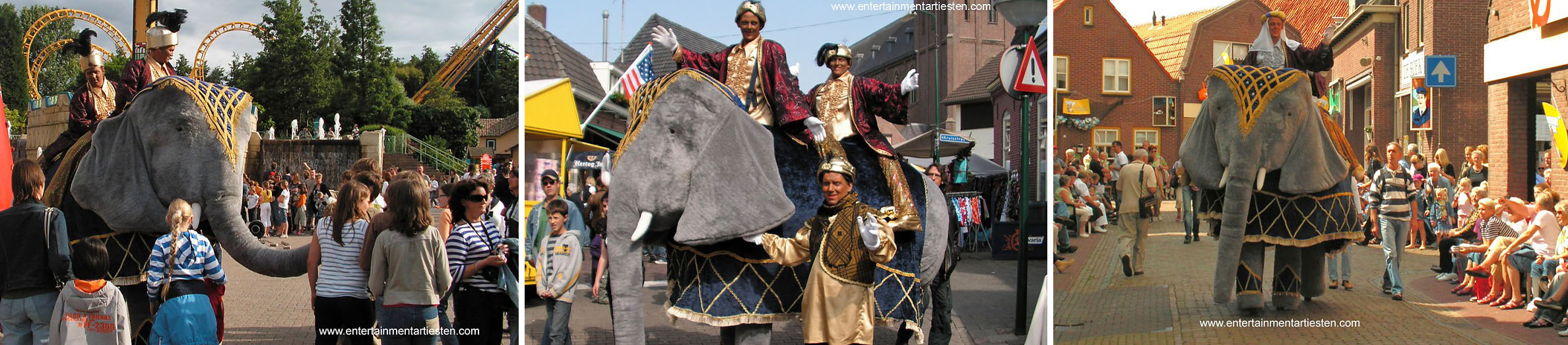 Steltentheater, de levensgrote ondeugende (pluche) olifant paradeert vrolijk door het publiek, straattheater, artiesten boeken, steltentheater, olifant op stelten, steltenact, Govers Evenementen, www.goversartiesten.nl