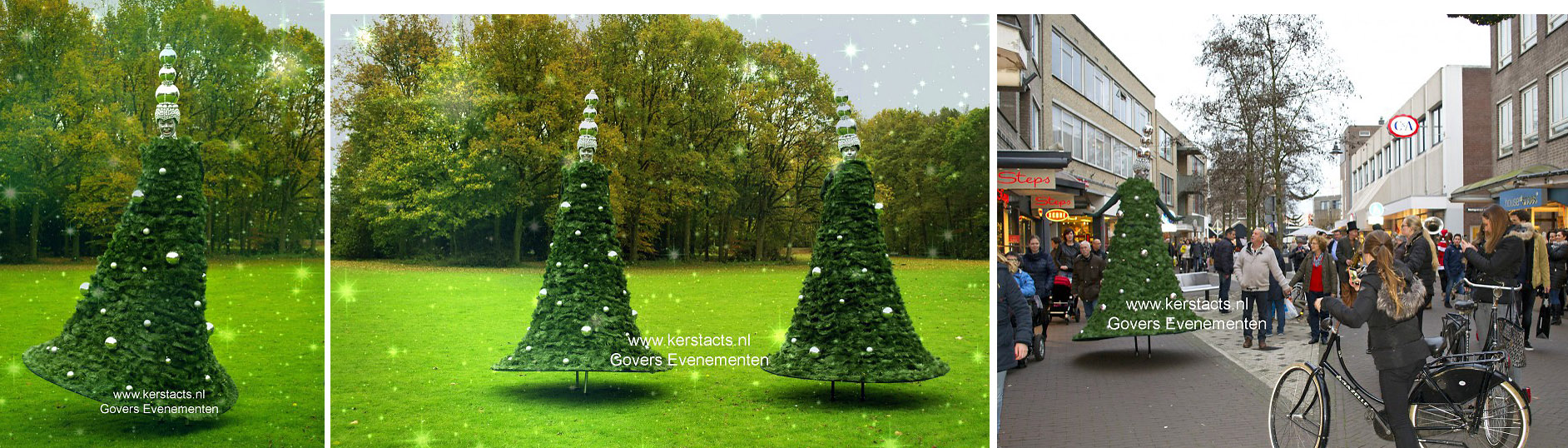 Kerstboom-steltenlopers, steltenact, Steltenlopers, steltenacts, steltenloper, steltentheater, stelten act, artiesten boeken, artiestenbureau, straattheater acts, thema feest, catering act, culinaire acts, beurs & promotie acts, Govers Evenementen, www.goversartiesten.nl