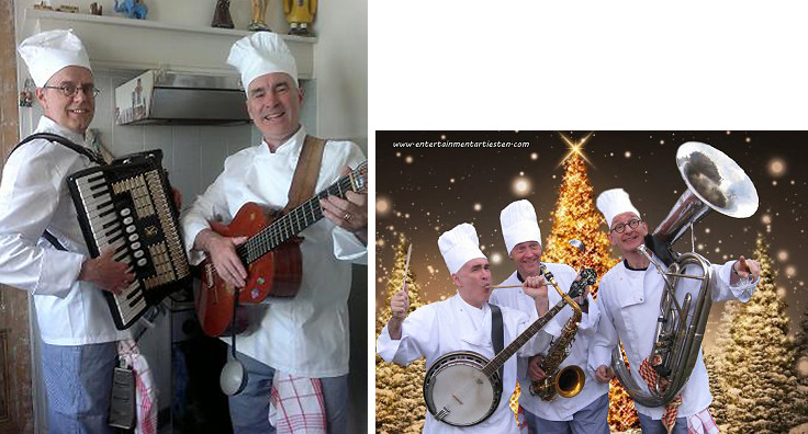 Drie Muzikale chefs brengen een feestelijk Menu. Muziektrio, bandje, catering acts, culinaire acts, thema feest, artiesten boeken, artiestenbureau, culinair entertainment, beurs & promotie acts, kok, chef, muzikanten, Govers Evenementen, www.goversartiesten.nl