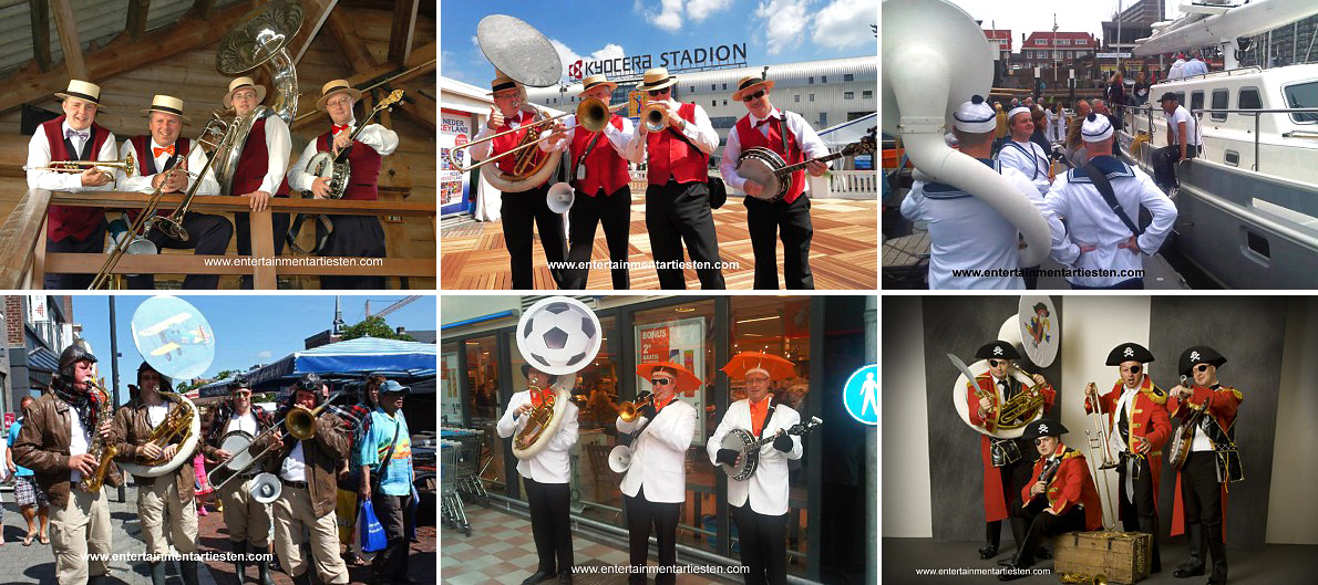 Looporkest - straatmuzikanten. Nautische muziek, Nautisch, varen, bootmuziek, zeemuziek, De muzikanten van Dixie hebben een heel breed muziekrepertoire, muziekgroep, muzikanten inhuren, muziek boeken, Govers Evenementen, www.goversartiesten.nl