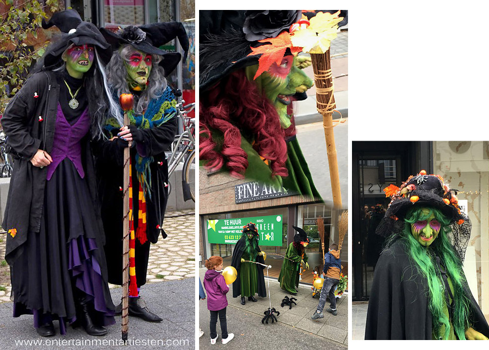 Halloween artiesten & muzikanten, de heksen dansen en zingen op straat, straattheater, thema Halloween, artiesten boeken, Govers Evenementen, www.goversartiesten.nl