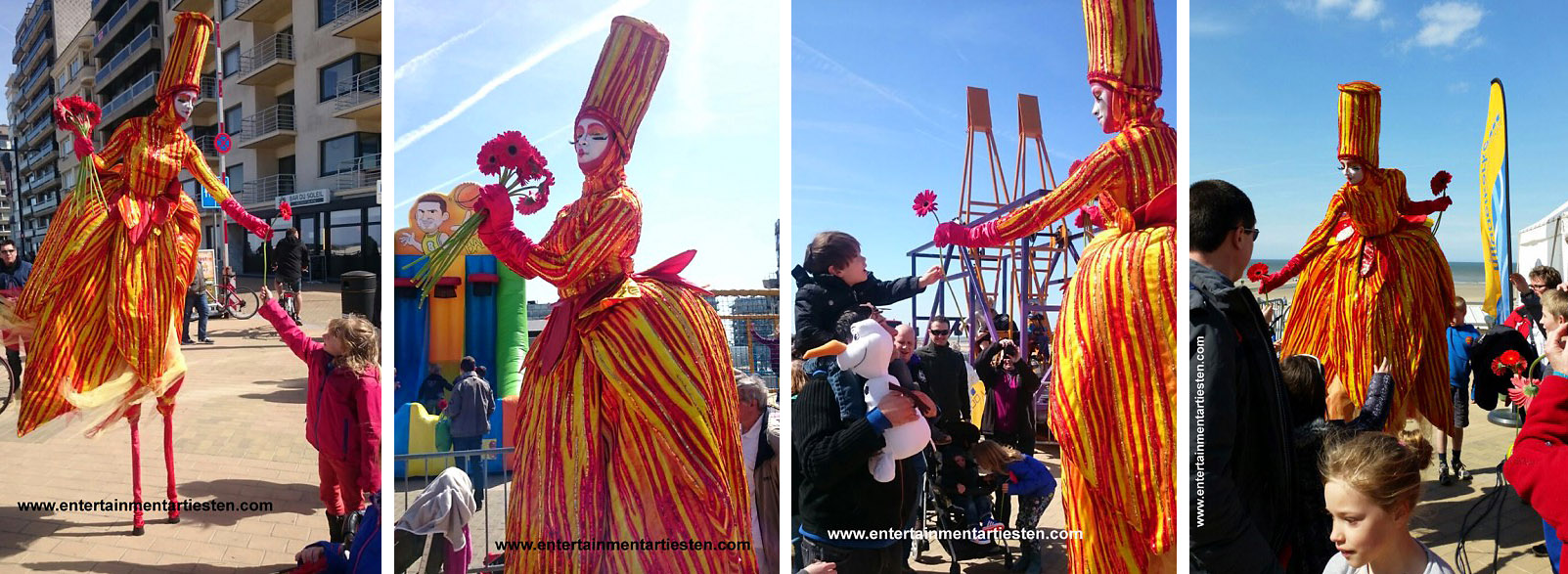 Steltenloopster Floria, bloemen steltenlopers, steltentheater, steltenact, bloemen op stelten, promotie entertainment, artiesten boeken, steltenloopster, straattheater op stelten, Govers Evenementen, www.goversartiesten.nl