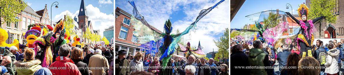 Steltenact steltenlopers act Paradijsvogels op stelten is een oogverblindende verschijning: Steltenloper - Steltentheater Govers Evenementen, www.goversartiesten.nl