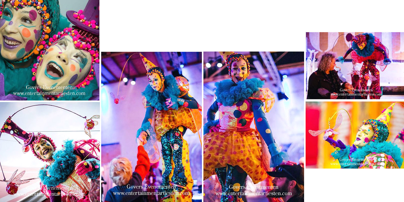 Carnavale, Een kleurrijke steltenact, steltentheater, steltenlopers, feest, feestje, snoepjes, promotie op stelten, Govers Evenementen, www.goversartiesten.nl