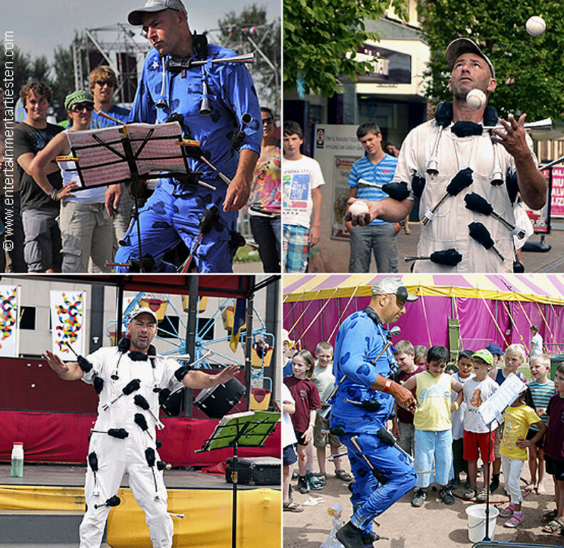 Jongleur-Acrobatiek, een komische straatvoorstelling die een optreden doet met toeters, muzikant, straattheater, artiesten boeken, straatartiest inhuren, Govers Evenementen, www.goversartiesten.nl