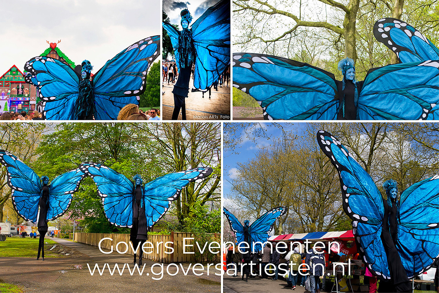 De Blauwe Vlinders, steltenact, te boeken bij Govers Evenementen, www.goversartiesten.nl Steltenact, steltenloper, steltentheater, vlinders op stelten, steltenloop act, artiesten boeken, straattheater, straatfeest, Govers Evenementen, www.goversartiesten.nl