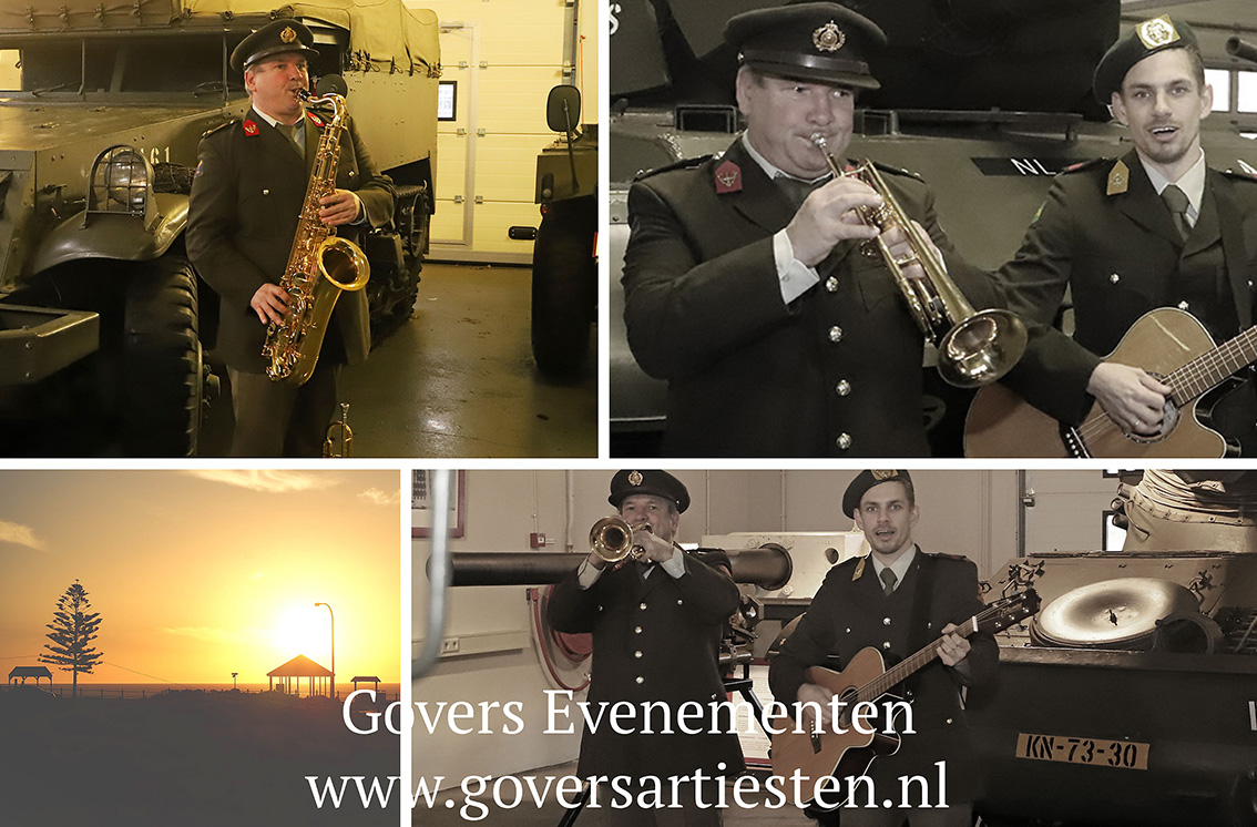 Bevrijdingsdag, Dodenherdenking, Veteranendagen, Me Luck As You Wave Me Goodbye, We'll Meet Again, muziek van Vera Lynn, Andrew Sisters, Glenn Miller, Bevrijdingsfeesten, Bevrijdingsfeest Jazzband, muziek, bevrijdingsfeesten, bevrijding 75 jaar, leger, jazzmuziek, looporkest, opening, optocht muzikanten, muziekduo, duo muzikanten, Govers Evenementen