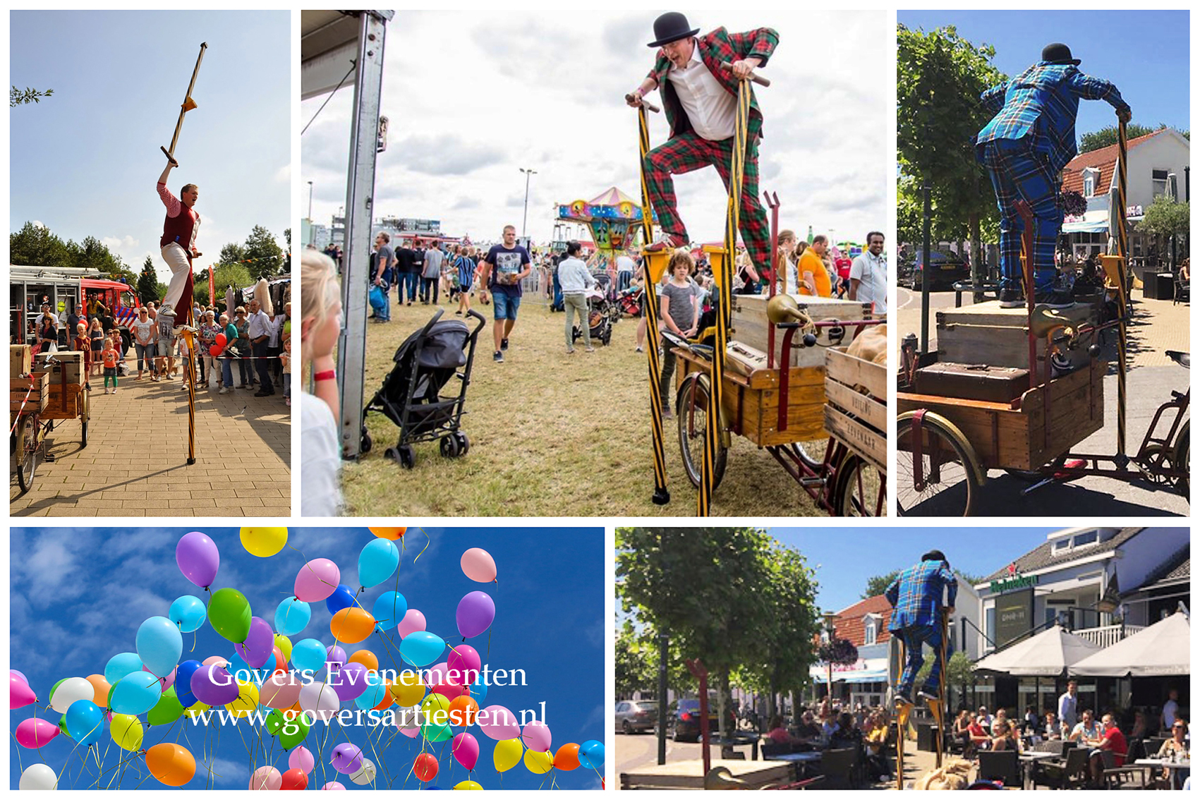 Mobiele muzikale act, straattheater, muziek, kindershow, goochelen, steltenlopers, clown, ballonvouwen, ballonnen, show, kindervoorstelling met muzikale clown, Govers Evenementen