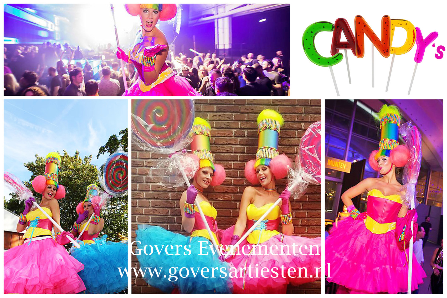 Candy's steltenact, steltenlopers, straattheater, uitdelen van snoepjes, openings act, stelten, muziek op stelten, Govers Evenementen, www.goversartiesten.nl