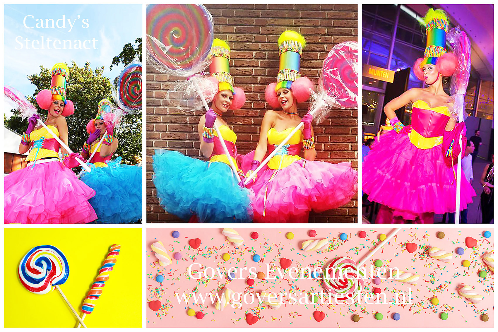 Candy's steltenact, steltenlopers, straattheater, uitdelen van snoepjes, openings act, stelten, muziek op stelten, Govers Evenementen, www.goversartiesten.nl