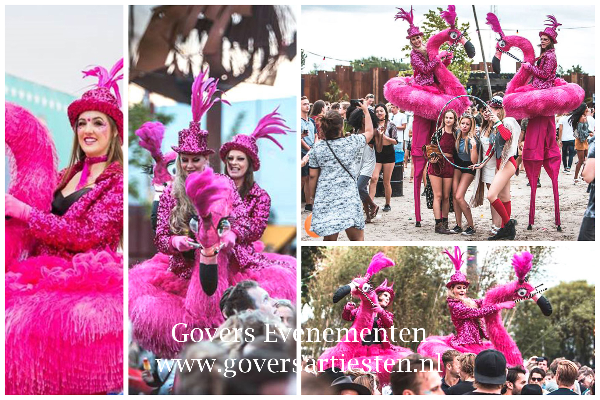 De Roze Flamingo's, steltenact, te boeken bij Govers Evenementen, www.goversartiesten.nl, steltenact, steltenlopers, steltentheater, straattheater, festival artieste boeken