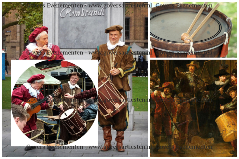 Rembrandt muzikanten, straattheater, Nachtwacht, steltenlopers, steltentheater, steltenact, act, kunstschilders op stelten, artiesten boeken, ontvangst act, thema feest, animatie act, schilderkunst, portret op stelten, Govers Evenementen, www.goversartiesten.nl