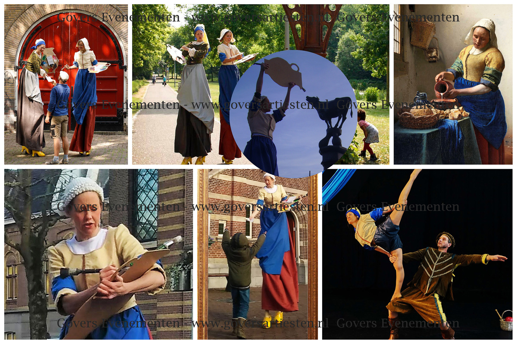 De Meisjes van Vermeer, steltenact, straattheater, ontvangtsact, steltenlopers, steltentheater, steltenact, act, kunstschilders op stelten, artiesten boeken, ontvangst act, thema feest, animatie act, schilderkunst, portret op stelten, Govers Evenementen, www.goversartiesten.nl