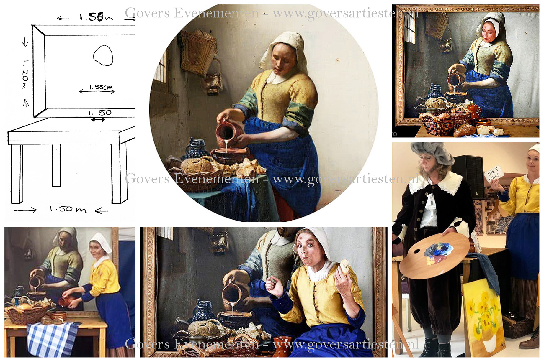 Het Melkmeisje van Vermeer, straattheater-act, te boeken bij Govers Evenementen, www.goversartiesten.nl Op de foto, straattheateract, Melkmeisje van Vermeer, voorstelling, schoolvoorstelling, toneelstuk, acteurs, animatie, Govers Evenementen