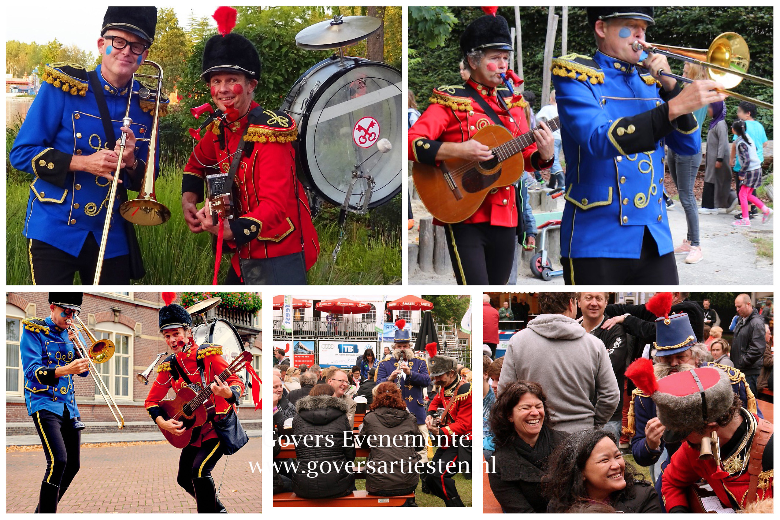 Mobiele Fanfare, duo muzikanten, muziek, straattheater, kleurrijke muzikanten, mobiele act, artiesten boeken, vrolijke muziek, muzikanten boeken, Govers Evenementen, www.goversartiesten.nl