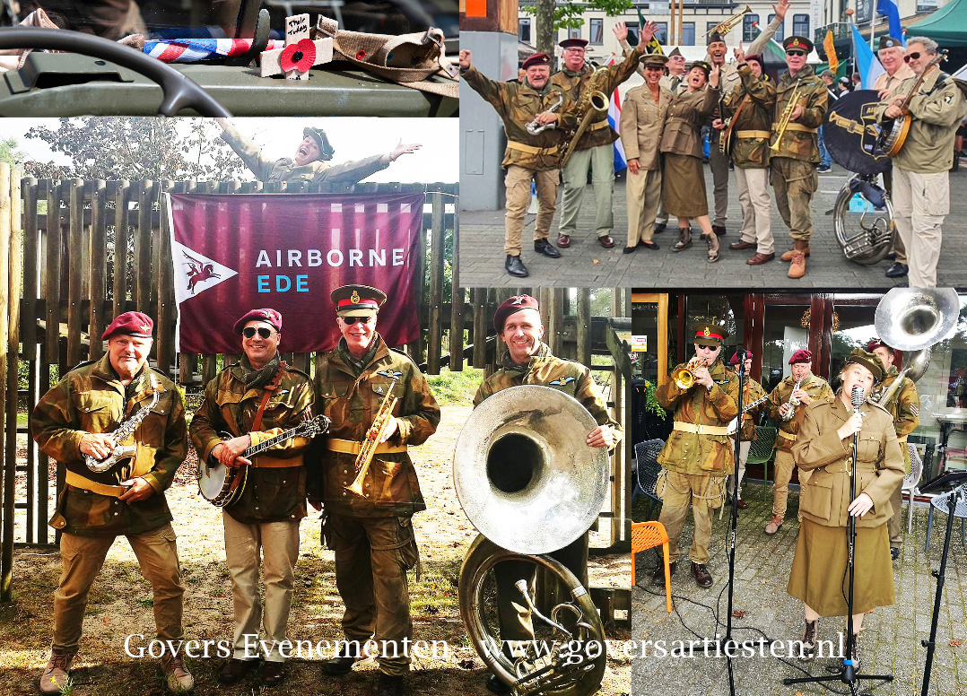 D Day 80 jaar, Bevrijding, Bevrijdingsorkest, Band of 4 brothers, Bevrijdings evenementen, Peter Faber, Keep them Rolling, D-Day Revival ban, music from WOII, Band of Brothers, Normandie, de muziek van Glenn Miller, Vera Lynn, Benny Goodman, Bing Crosby en Frank Sinatra, theatershow, concert, bevrijdingsjaren, WW II, Jazzmuziek, D-Day, Amerikaanse muziek, Looporkest - straatmuzikanten, Dixielandband, artiesten boeken, muzikanten, muziek boeken, bandje, muziek, thema feest, Govers Evenementen, artiestenbureau, looporkest, zangeres, zangers, blaasorkest, oorlog herdenken, Govers Evenementen, www.goversartiesten.nl