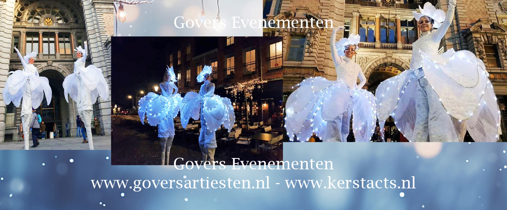 Snowflowers steltenact, steltentheater voor uw bruiloft, winters evenement, winter entertainment, steltenlopers boeken, artiesten inhuren, stelten, stilt act, opvallend straattheater, verlicht entertainment, verlichte act