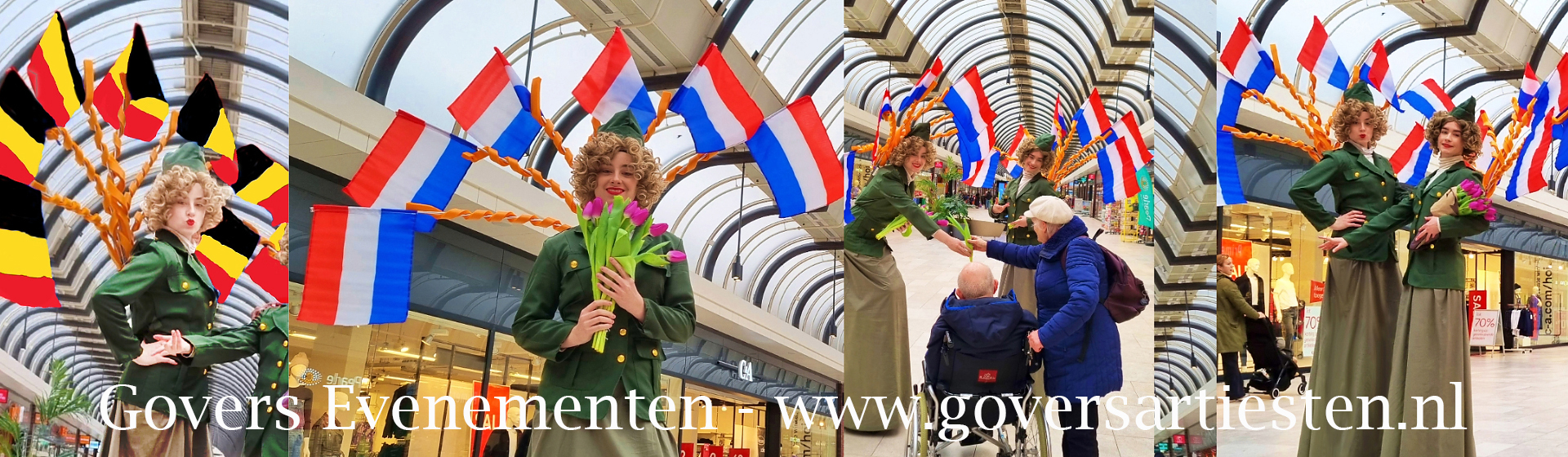 Bevrijdingsdagen, steltenact, artiesten boeken voor bevrijding, bevrijdingsdagen, 75 jaar bevrijding, 80 jaar bevrijding, feest op bevrijdingsdag, steltentheater, bloemen uitdelen, steltenact, steltenlopers, artiesten voor optocht, steltloper, bevrijding Belgie, Bevrijding Nederland, Govers Evenementen