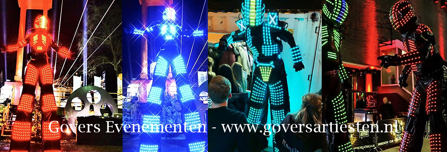 Straattheater, steltenlopers, steltenact, steltentheater, stelten, stiltacts, verlicht entertainment, Robots, Witte Robot, kindvriendelijk straattheater, openingsact, gekleurd entertainment, artiesten boeken, artiesten inhuren, futuristisch entertainment, AI Entertainment, toekomst, Govers Evenementen