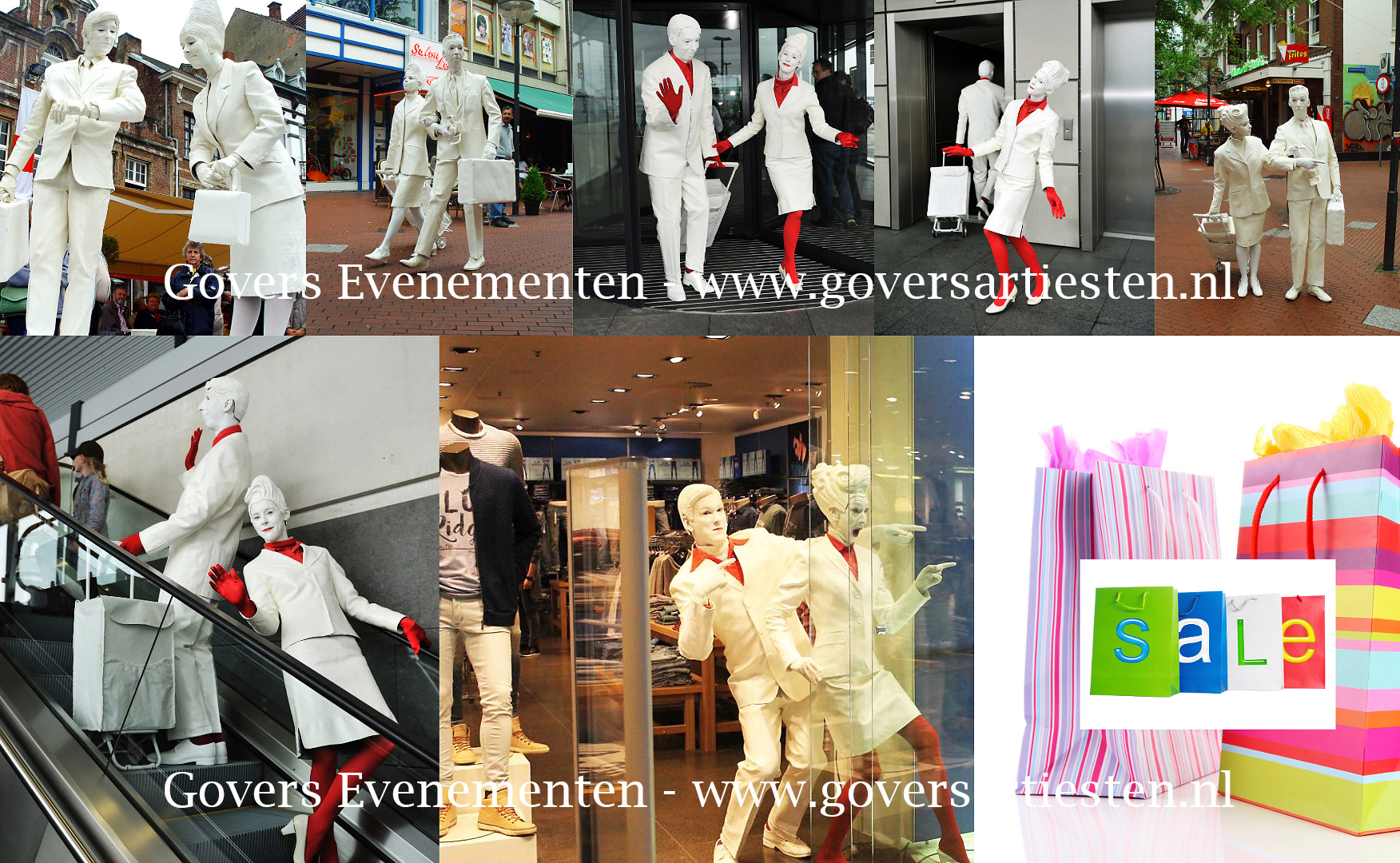 Shopping Act Sale, straattheater, te boeken bij Govers Evenementen, www.goversartiesten.nl, shopping, straattheater, animatie act, levende beelden, winkeliersvereniging, Black Friday, winkelen, openingsact, artiesten boeken, ludieke shopping act, sale animatie